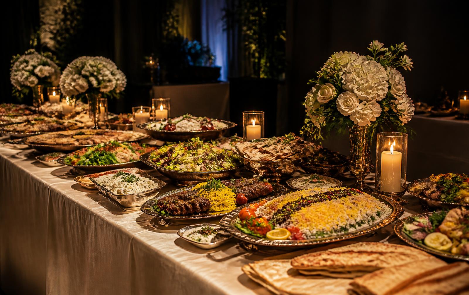 Long catering table filled with Persian platters