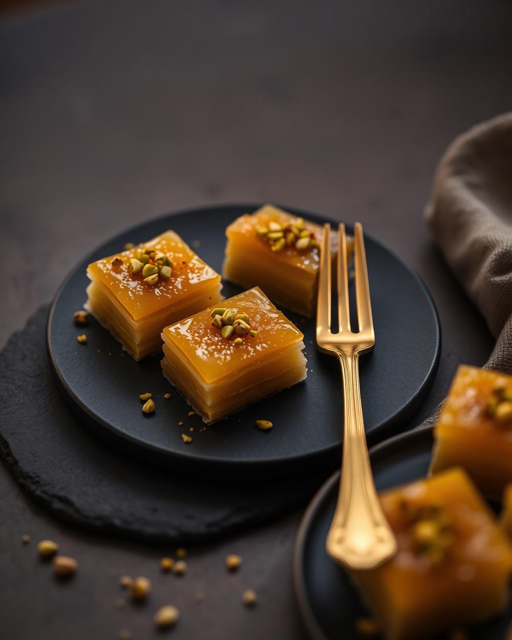 Pistachio baklava on a dark slate plate