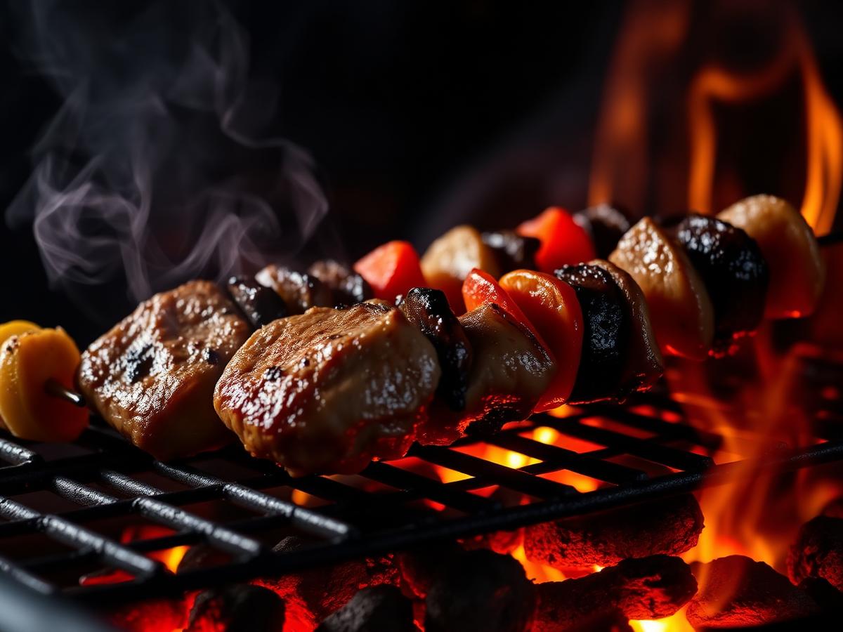 Skewers searing over glowing charcoal