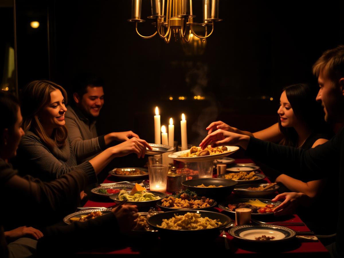 Guests sharing platters at a candlelit table