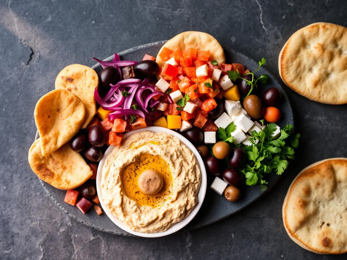 Persian mezze platter with hummus, salad, olives and flatbread