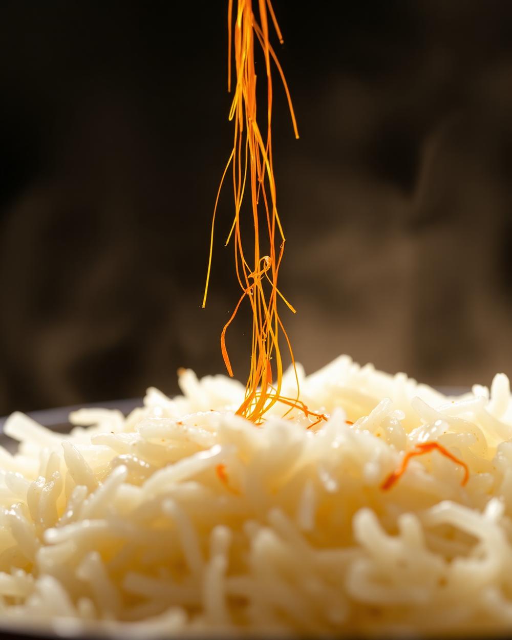 Saffron threads falling over steaming basmati rice